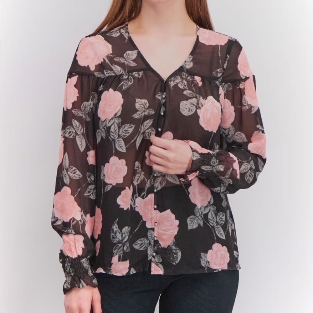 Guess Black and Pink Floral Sheer Long Sleeve Blouse Large